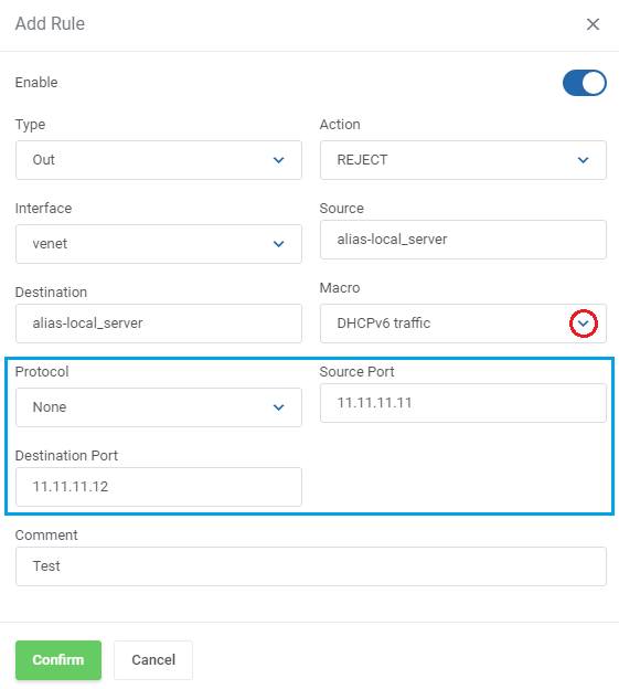 Proxmox VE Cloud VPS For WHMCS: Add Rule dialog with type, action, interface, source, macro, protocol and port fields