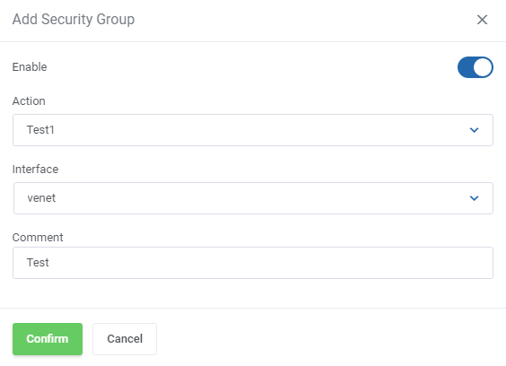 Proxmox VE Cloud VPS For WHMCS: Add Security Group dialog with enable switch, action, interface and comment fields