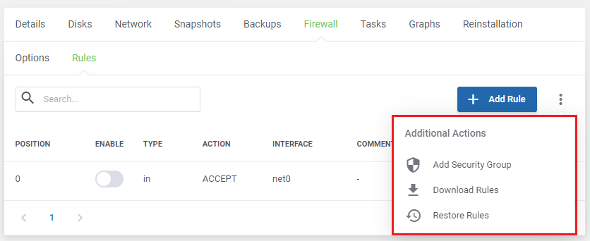 Proxmox VE Cloud VPS For WHMCS: Firewall Rules tab with the Additional Actions menu: Add Security Group, Download