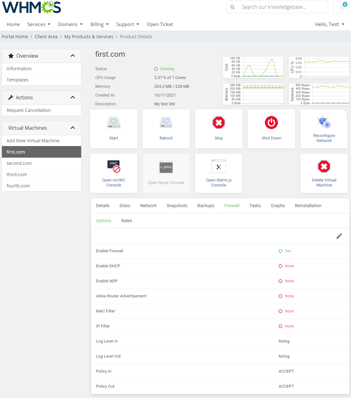 Proxmox VE Cloud VPS For WHMCS: client area Firewall Options tab listing firewall settings such as DHCP, NDP and