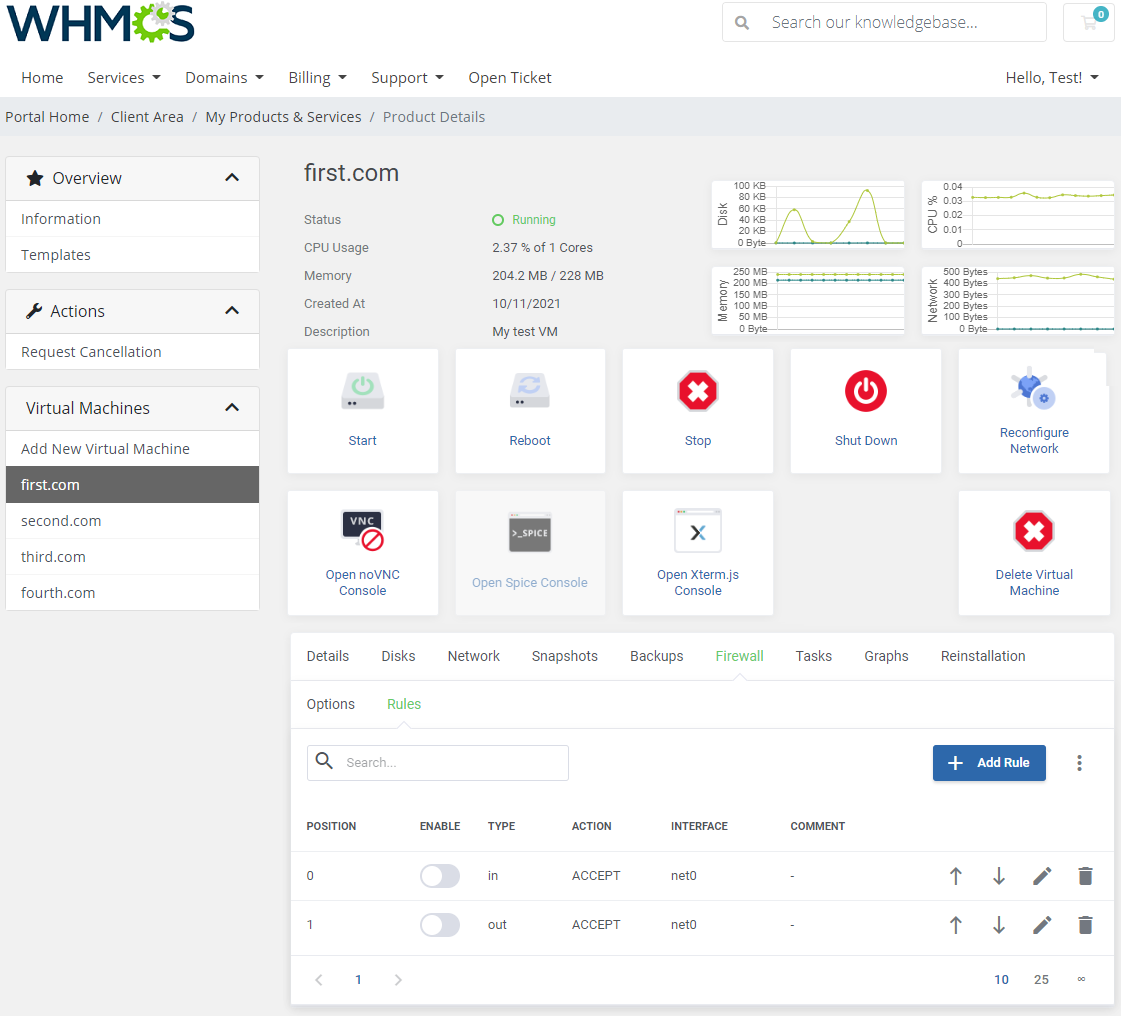 Proxmox VE Cloud VPS For WHMCS: client area Firewall Rules tab with the Add Rule button and a list of rules