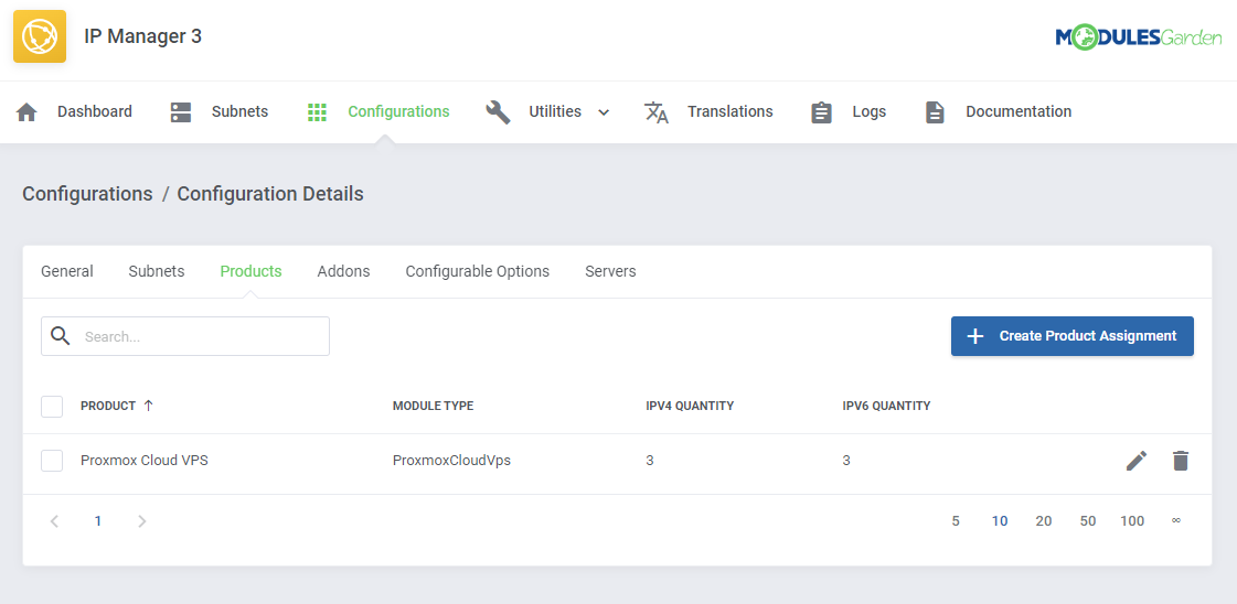 Proxmox VE Cloud VPS For WHMCS: IP Manager 3 configuration Products tab with the Proxmox Cloud VPS product assignment
