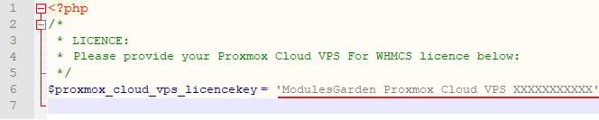 Proxmox VE Cloud VPS For WHMCS: the license.php file opened in an editor with the license key string to edit