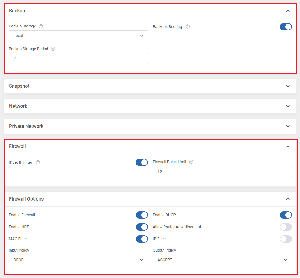 Proxmox VE Cloud VPS For WHMCS: the Backup, Firewall and Firewall Options sections of the module product settings