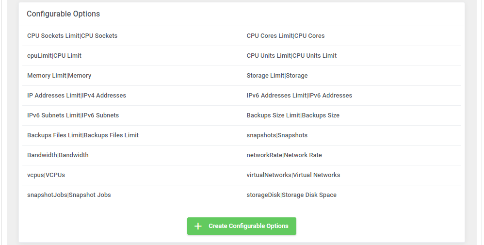 Proxmox VE Cloud VPS For WHMCS: the Configurable Options section with the Create Configurable Options button