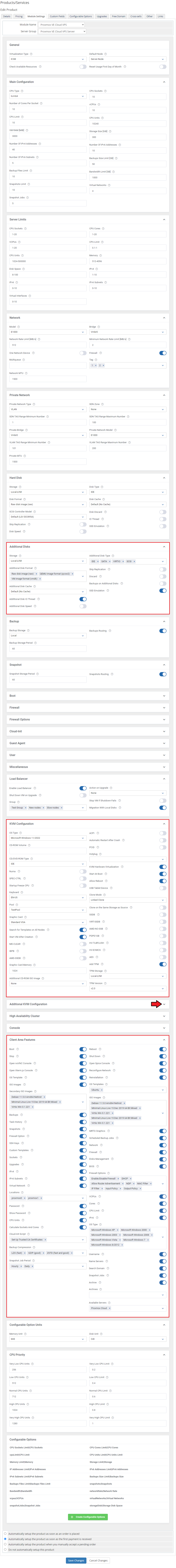 Proxmox VE Cloud VPS For WHMCS: the KVM Module Settings page with disk, KVM and Client Area Features sections