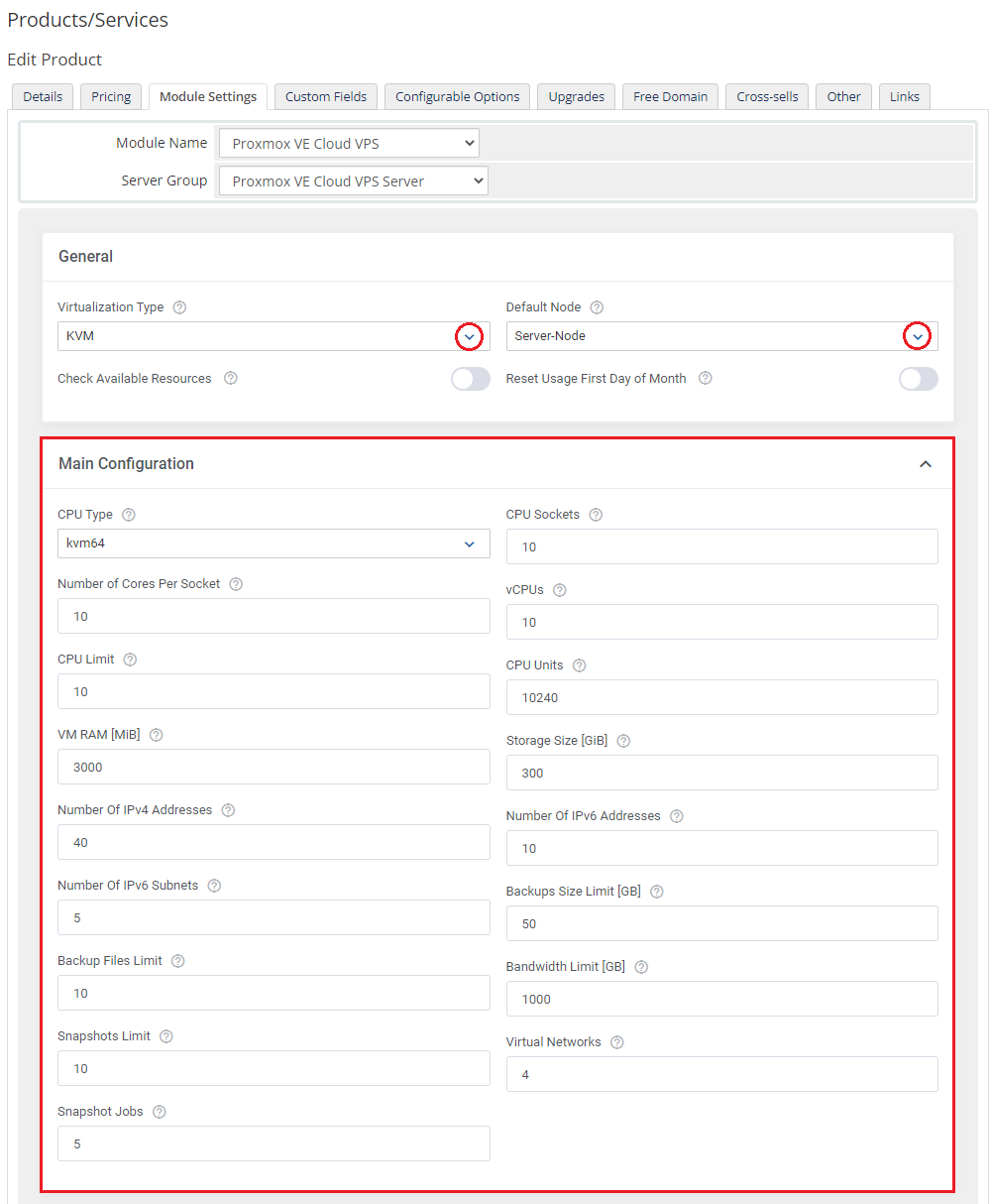 Proxmox VE Cloud VPS For WHMCS: the Module Settings tab with KVM virtualization type and the Main Configuration section