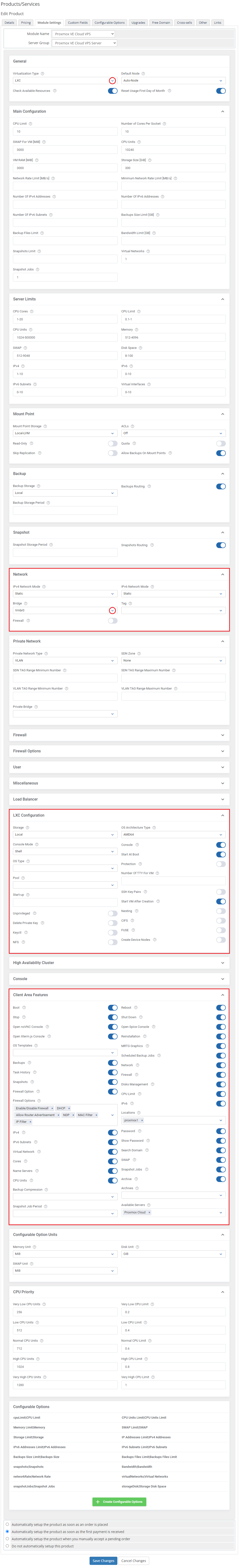Proxmox VE Cloud VPS For WHMCS: the LXC Module Settings page with network, LXC and Client Area Features sections