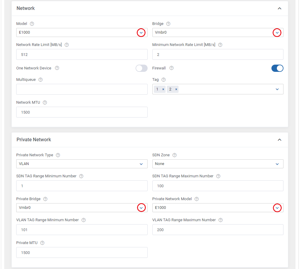 Proxmox VE Cloud VPS For WHMCS: the Network and Private Network sections of Module Settings with bridge and model