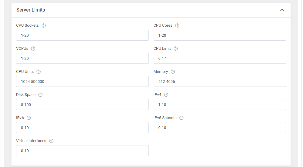 Proxmox VE Cloud VPS For WHMCS: the Server Limits section with CPU, memory, disk space and IP range fields