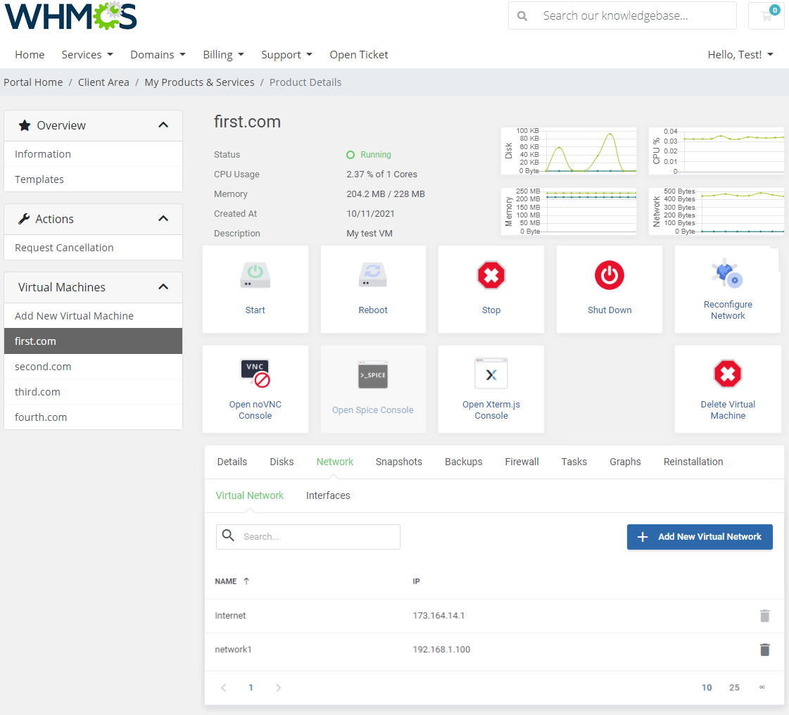 Proxmox VE Cloud VPS For WHMCS: client area Network tab with the Virtual Network list and Add New Virtual Network button