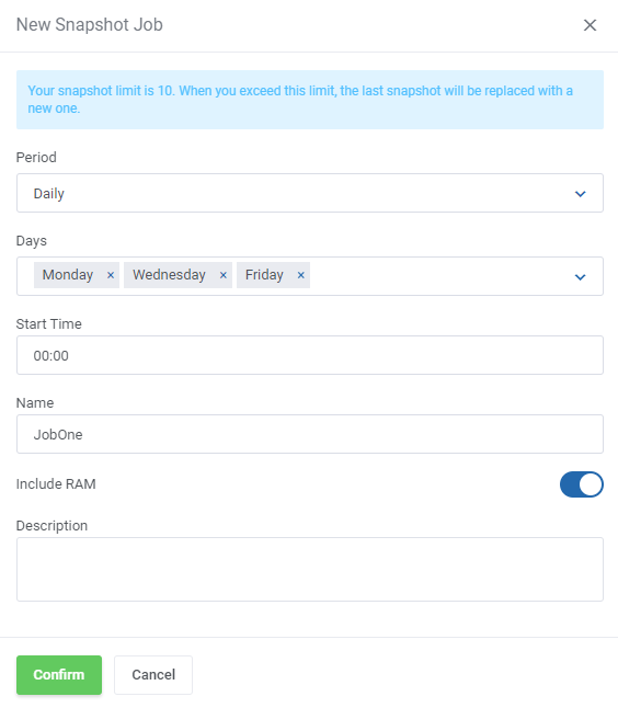Proxmox VE Cloud VPS For WHMCS: New Snapshot Job dialog with period, days, start time, name, Include RAM switch