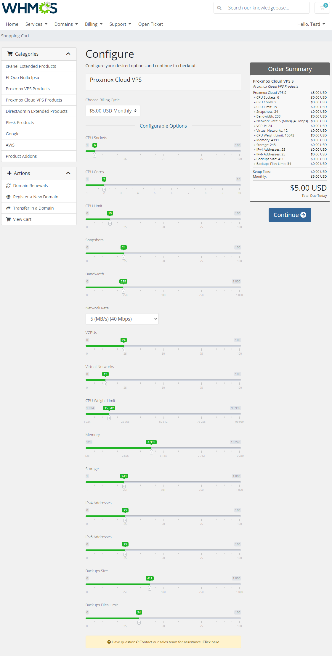 Proxmox VE Cloud VPS For WHMCS: WHMCS order form with configurable options sliders and the order summary for a cloud