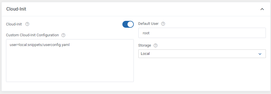 Proxmox VE Cloud VPS For WHMCS: Cloud-Init section of the product settings with the toggle, custom configuration and
