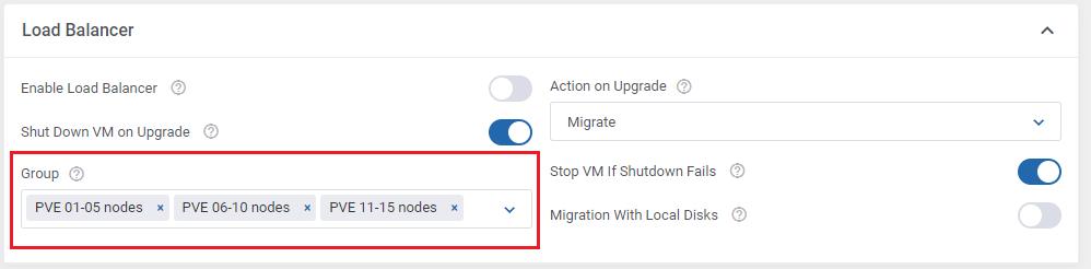 Proxmox VE Cloud VPS For WHMCS: Load Balancer section of the product settings with the Group field of selected node