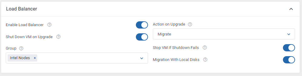 Proxmox VE Cloud VPS For WHMCS: Load Balancer section of the product settings with group and upgrade options