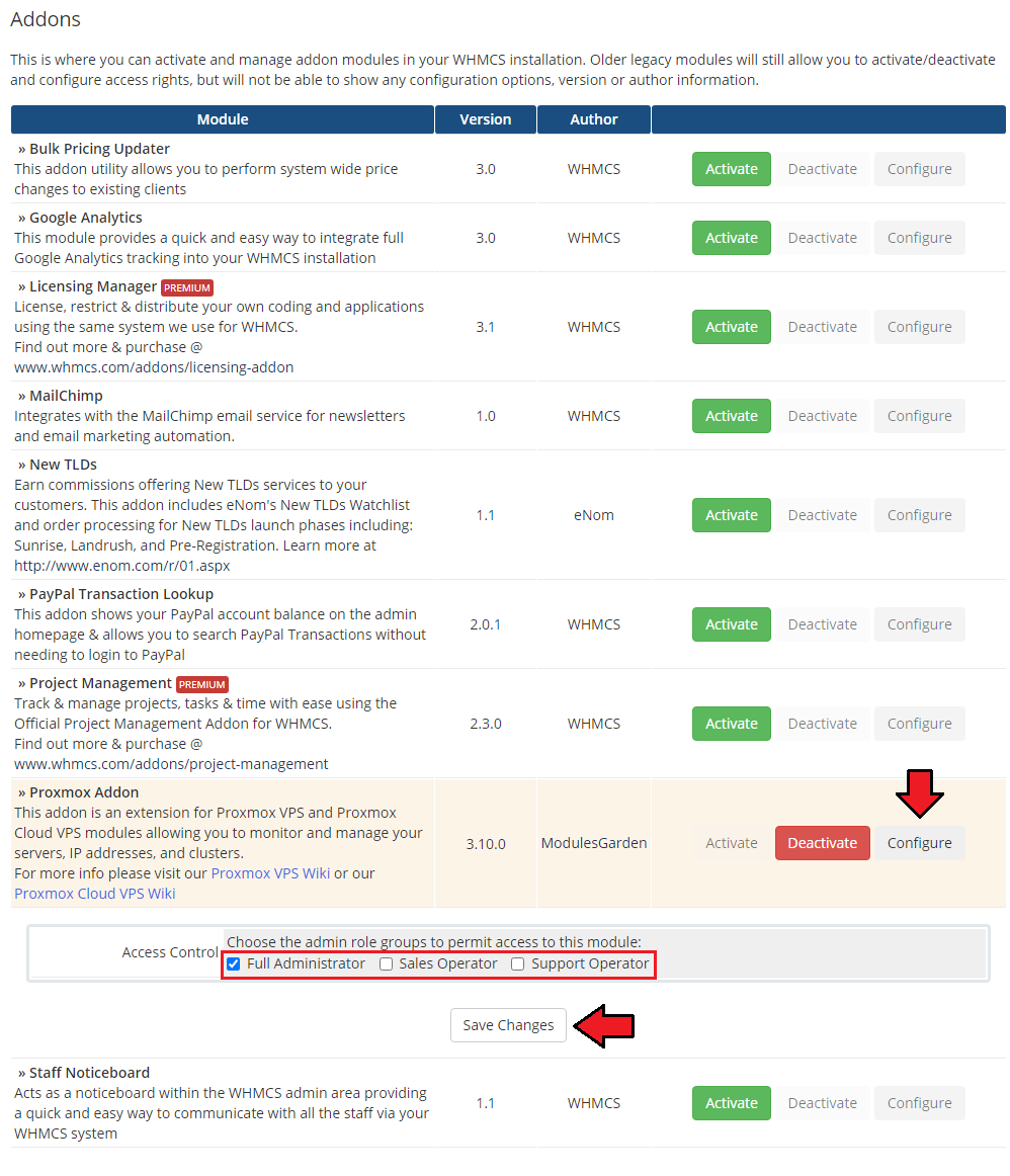 Proxmox VE Cloud VPS For WHMCS: Proxmox Addon access control with Full Administrator ticked and Save Changes
