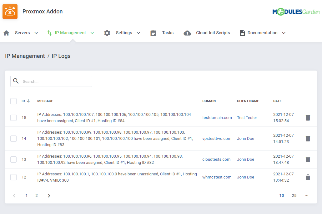 Proxmox VE Cloud VPS For WHMCS: Proxmox addon IP Management IP Logs page listing assigned and unassigned IP addresses