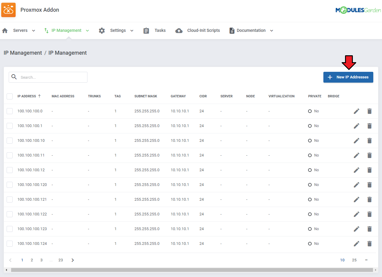 Proxmox VE Cloud VPS For WHMCS: the Proxmox Addon IP Management list with the New IP Addresses button