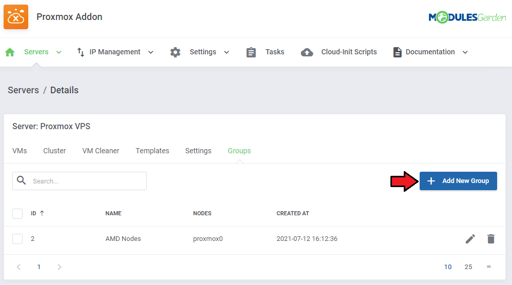 Proxmox VE Cloud VPS For WHMCS: Proxmox addon server Groups tab with the Add New Group button and the groups list