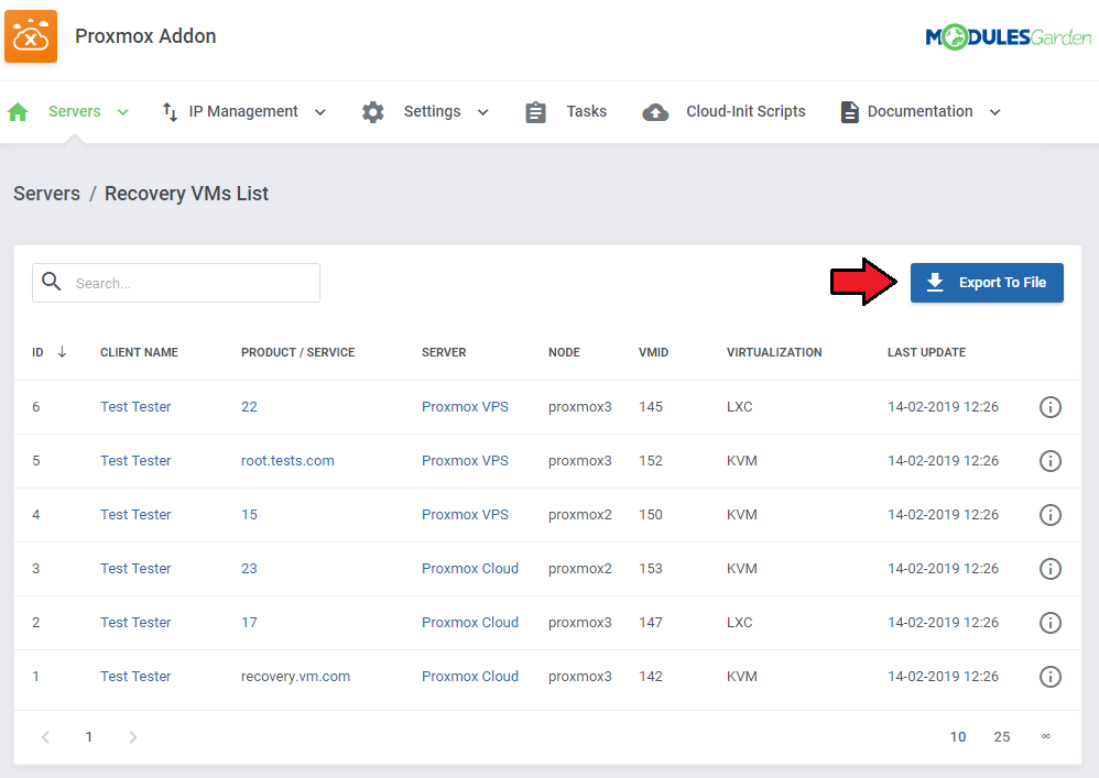 Proxmox VE Cloud VPS For WHMCS: Proxmox addon Recovery VMs List with the Export To File button