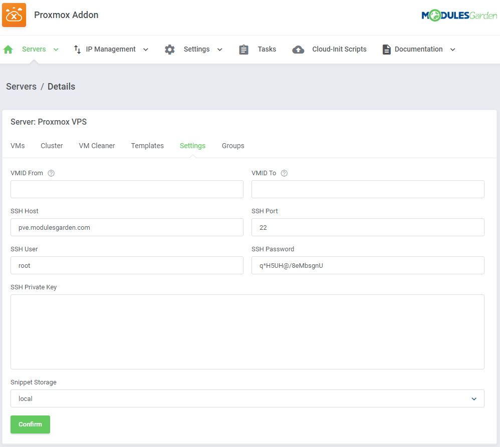 Proxmox VE Cloud VPS For WHMCS: Proxmox addon server Settings tab with SSH details and the Snippet Storage dropdown