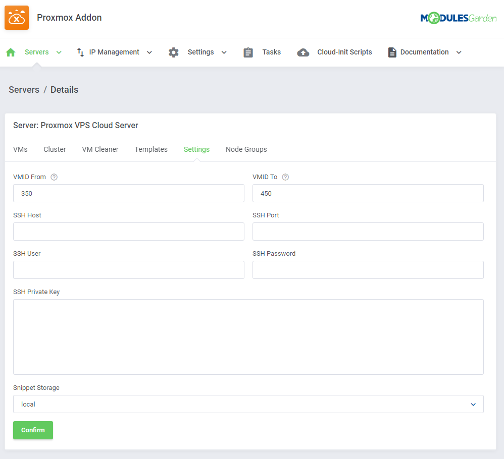 Proxmox VE Cloud VPS For WHMCS: Proxmox addon server Settings tab with VMID range, SSH fields and Snippet Storage