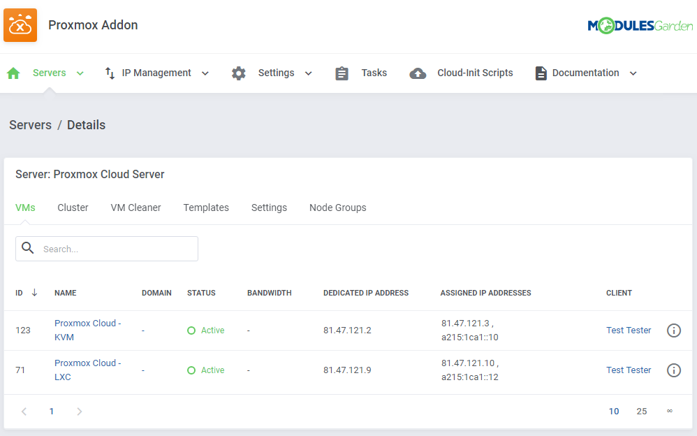 Proxmox VE Cloud VPS For WHMCS: Proxmox addon server details VMs tab with the list of virtual machines and IP addresses
