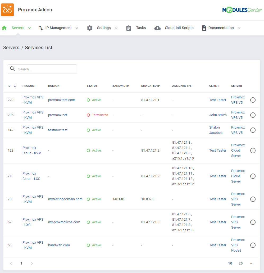 Proxmox VE Cloud VPS For WHMCS: Proxmox addon Services List with product, domain, status, IP addresses and client