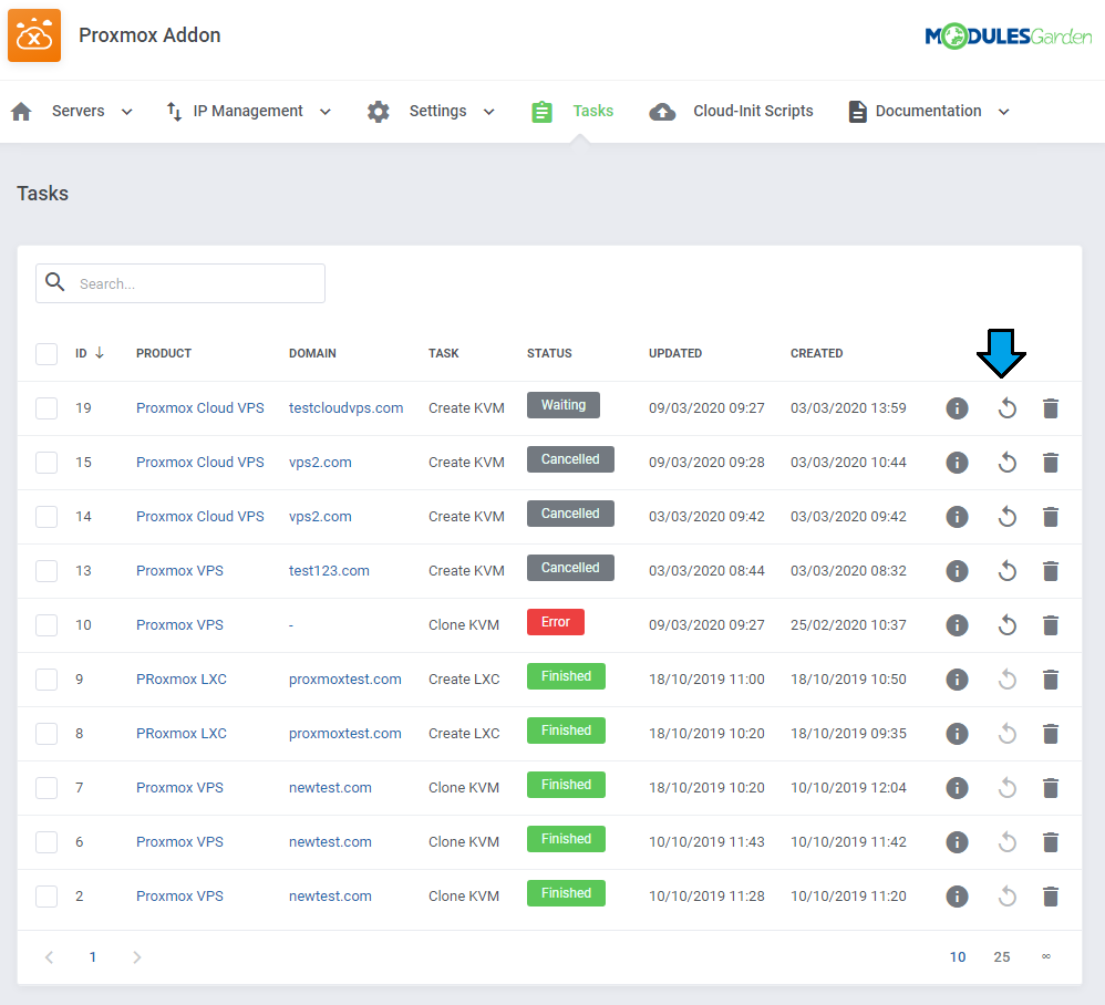 Proxmox VE Cloud VPS For WHMCS: Proxmox addon Tasks list with statuses and the run task, info and delete icons