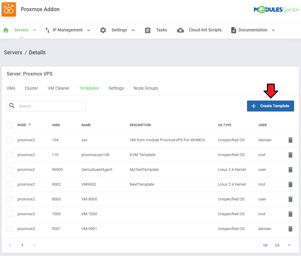Proxmox VE Cloud VPS For WHMCS: Proxmox addon Templates tab with the Create Template button and the list of templates