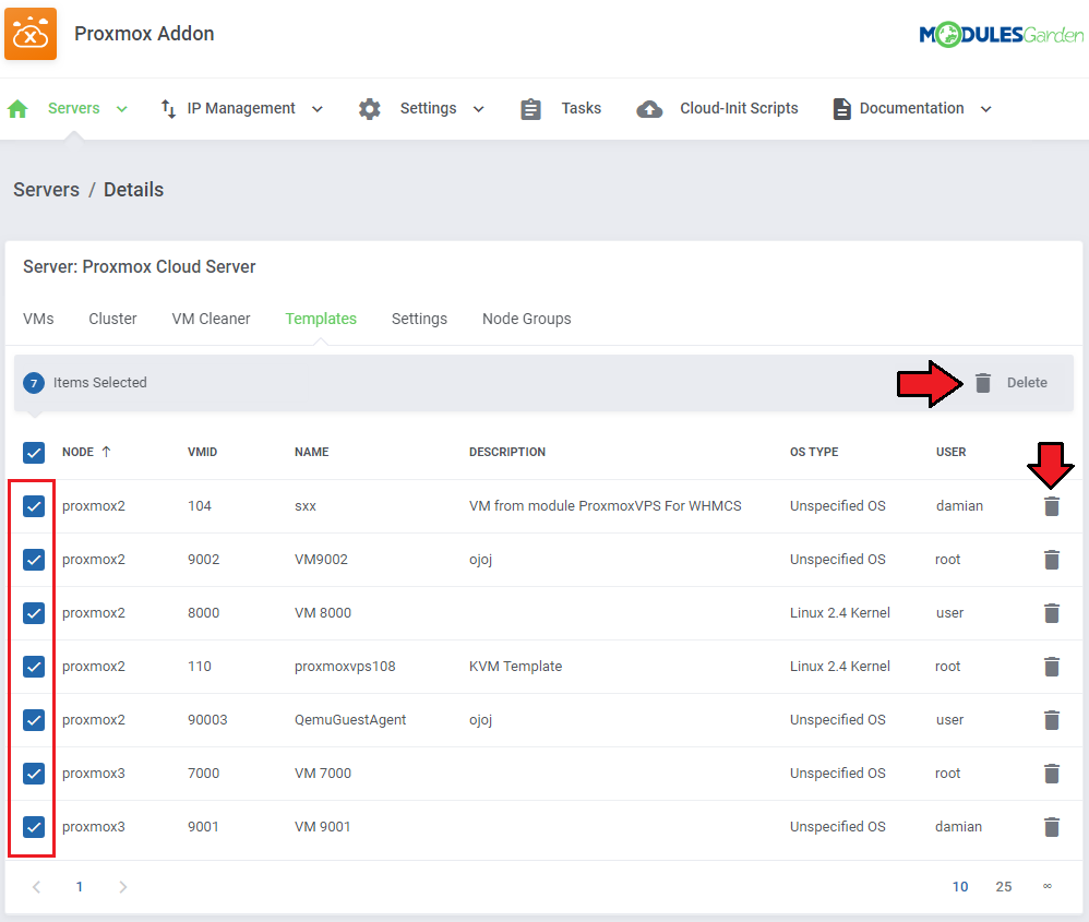 Proxmox VE Cloud VPS For WHMCS: Proxmox addon Templates tab with selected templates and the Delete buttons highlighted