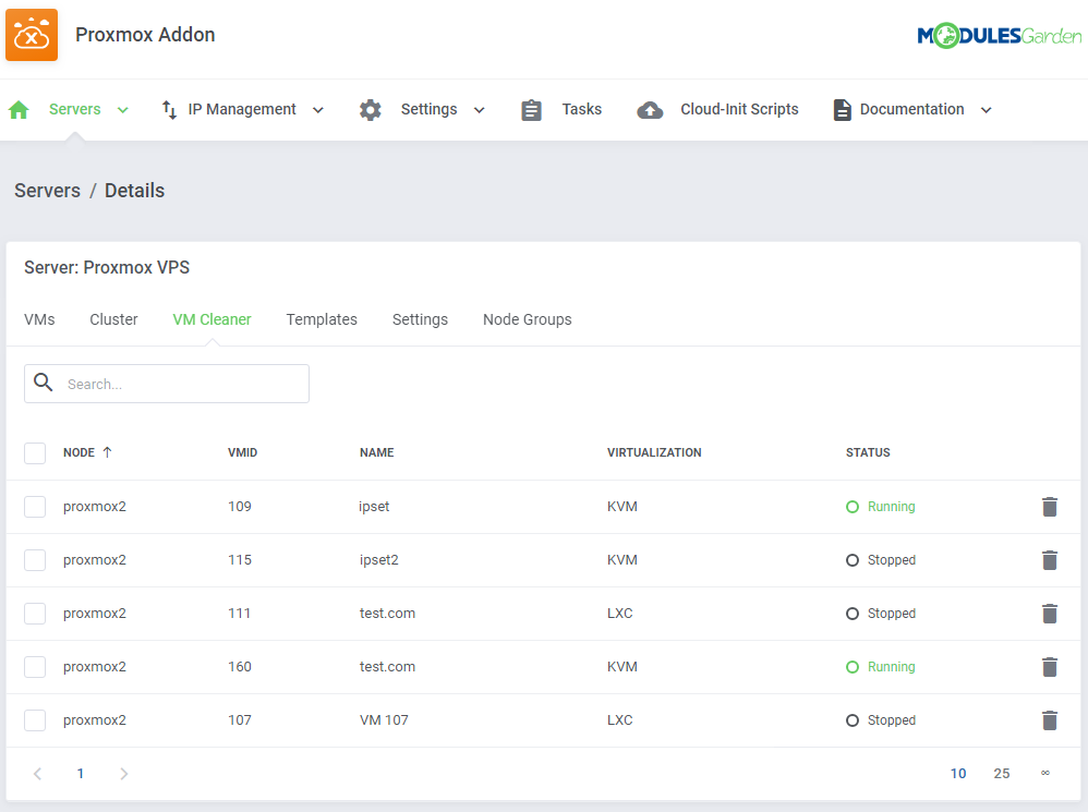 Proxmox VE Cloud VPS For WHMCS: Proxmox addon VM Cleaner tab listing VMs that exist only on the Proxmox server
