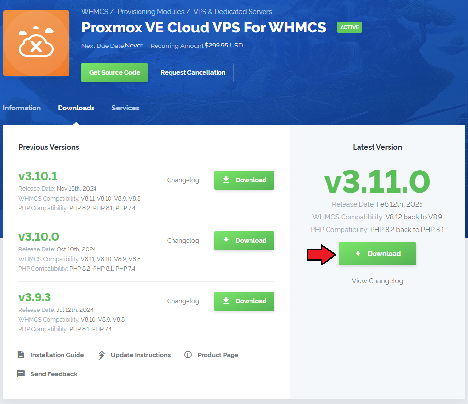 Proxmox VE Cloud VPS For WHMCS: the module Downloads tab in the client area with the latest version Download button