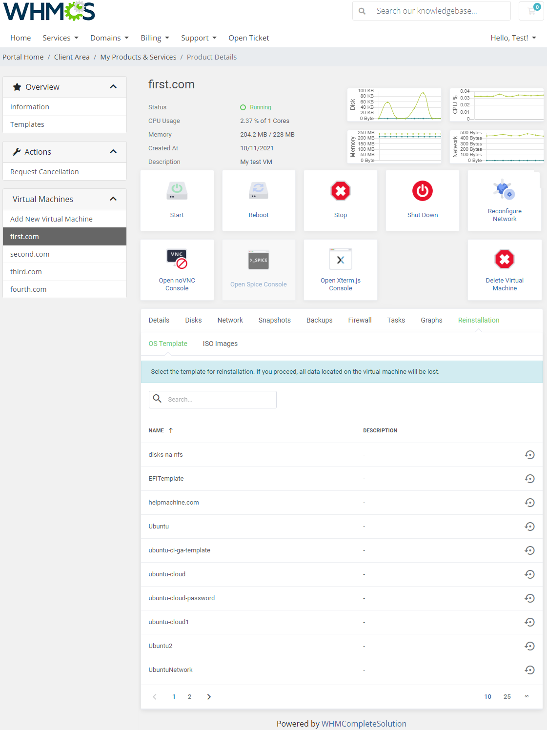 Proxmox VE Cloud VPS For WHMCS: client area Reinstallation tab with the OS Template list of templates and reinstall