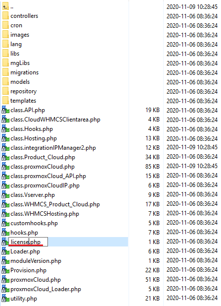 Proxmox VE Cloud VPS For WHMCS: a file manager listing of the module folder with license.php being renamed