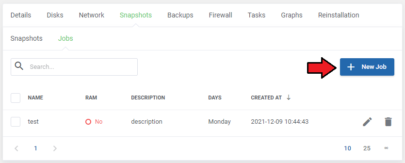 Proxmox VE Cloud VPS For WHMCS: client area Snapshots Jobs tab with a job list and an arrow pointing to the New Job