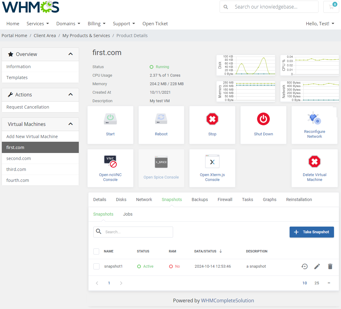 Proxmox VE Cloud VPS For WHMCS: client area Snapshots tab with the snapshot list and the Take Snapshot button