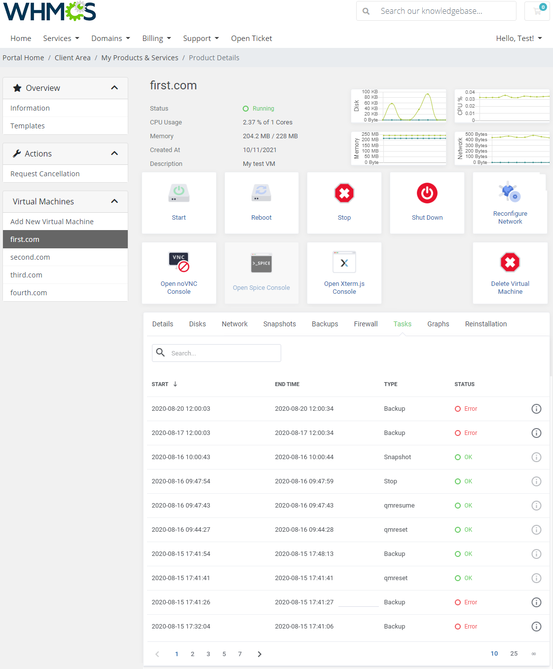 Proxmox VE Cloud VPS For WHMCS: client area Tasks tab with a table of backup, snapshot and stop tasks and their statuses