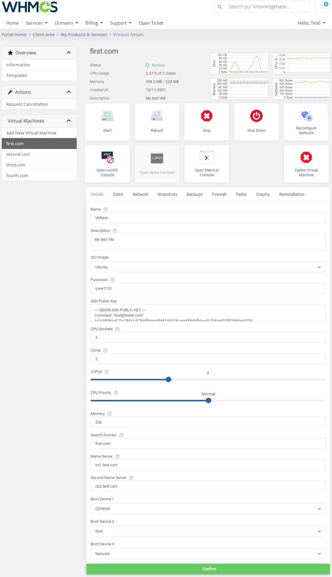 Proxmox VE Cloud VPS For WHMCS: client area virtual machine page with action buttons and tabs from Details to