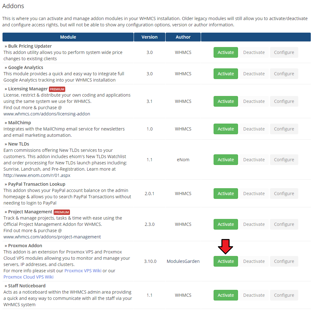 Proxmox VE Cloud VPS For WHMCS: the WHMCS Addons list with the Activate button next to Proxmox Addon
