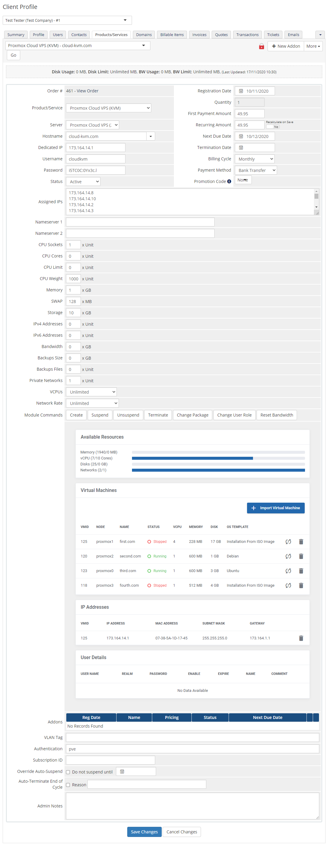 Proxmox VE Cloud VPS For WHMCS: WHMCS admin client product page with module commands, resources and virtual machines