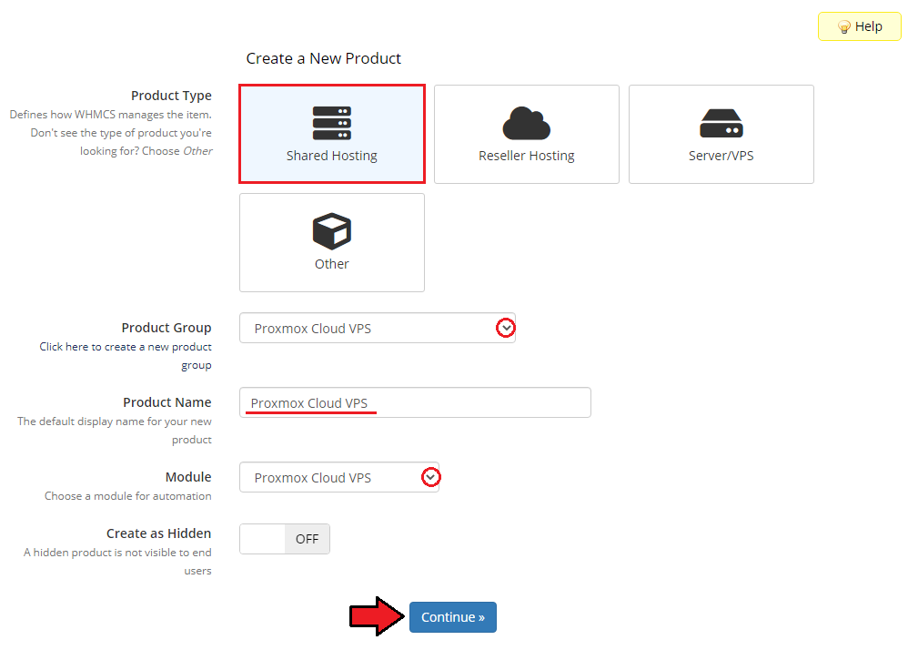 Proxmox VE Cloud VPS For WHMCS: the Create a New Product form with product type, group, name and module selected