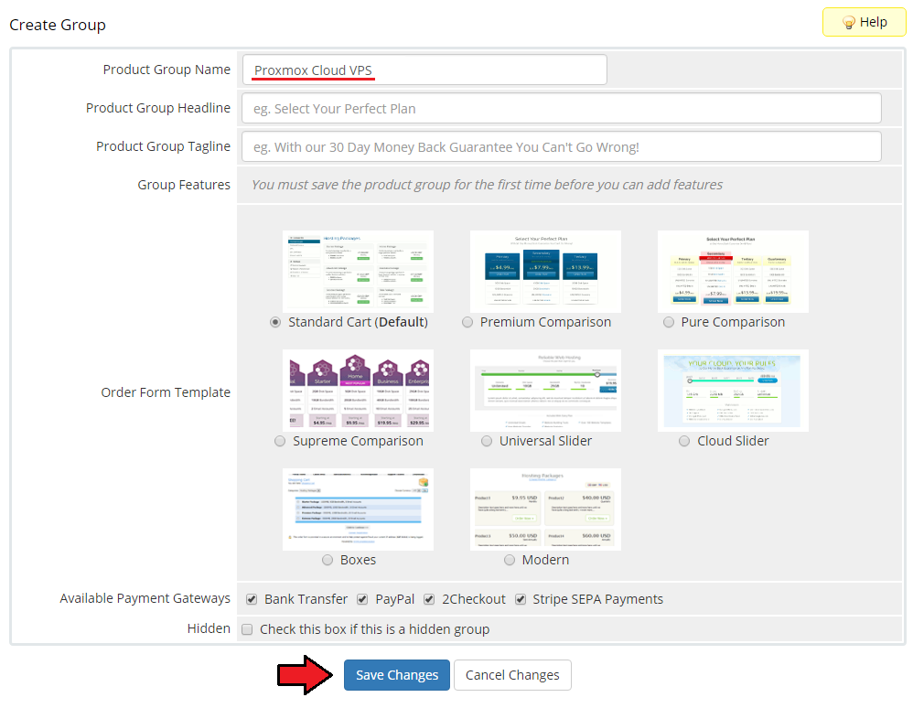 Proxmox VE Cloud VPS For WHMCS: the Create Group form in WHMCS with the product group name and Save Changes