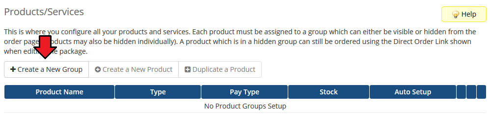 Proxmox VE Cloud VPS For WHMCS: the WHMCS Products/Services page with the Create a New Group button