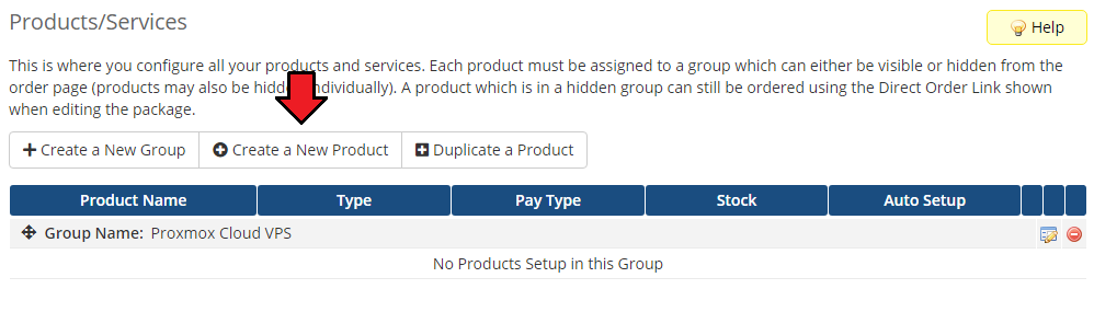 Proxmox VE Cloud VPS For WHMCS: the WHMCS Products/Services page with an empty group and Create a New Product button