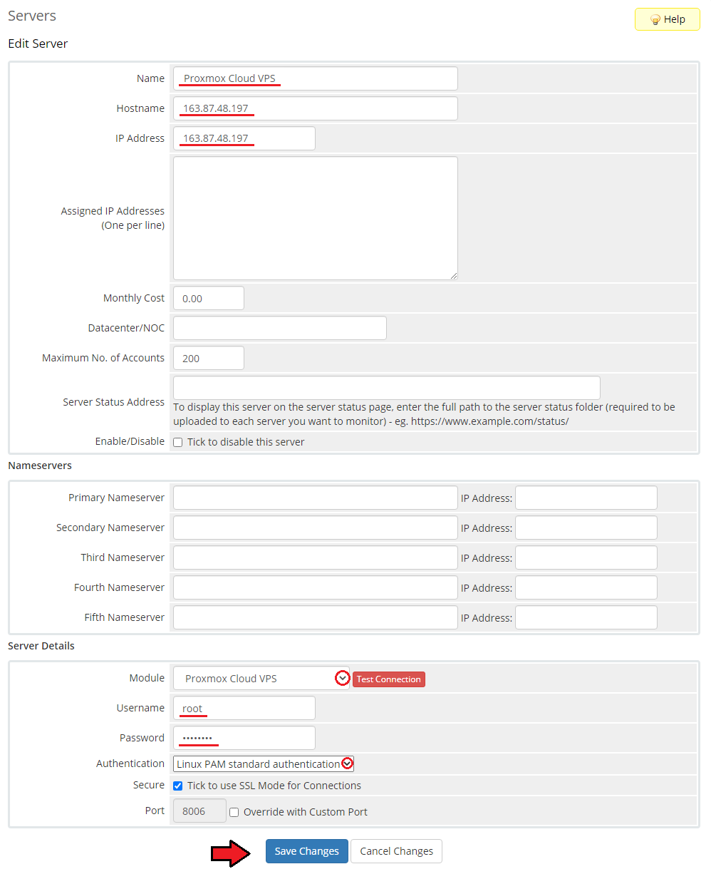 Proxmox VE Cloud VPS For WHMCS: the WHMCS Edit Server form with name, hostname, IP, username, password and
