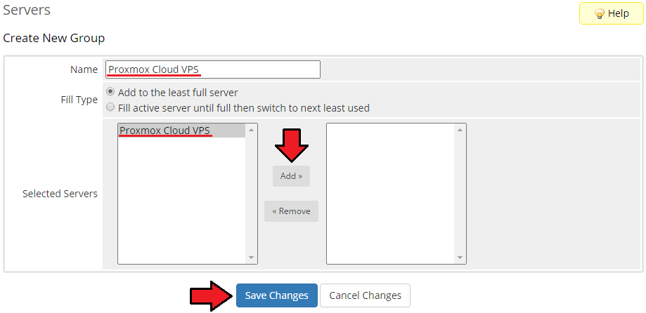 Proxmox VE Cloud VPS For WHMCS: the Create New Group form with a group name and the server added to the group