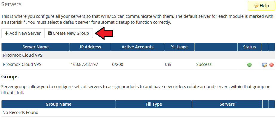 Proxmox VE Cloud VPS For WHMCS: the WHMCS Servers page with a successful connection and the Create New Group button