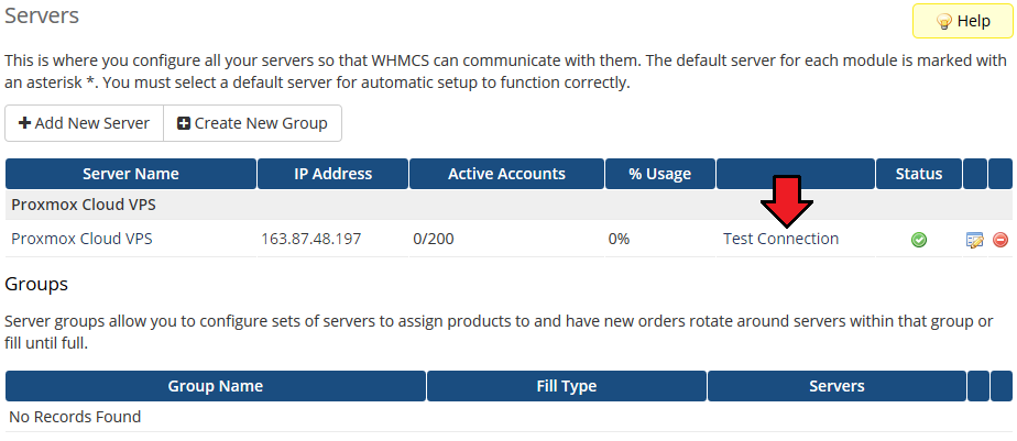 Proxmox VE Cloud VPS For WHMCS: the WHMCS Servers list with the Test Connection link next to the new server